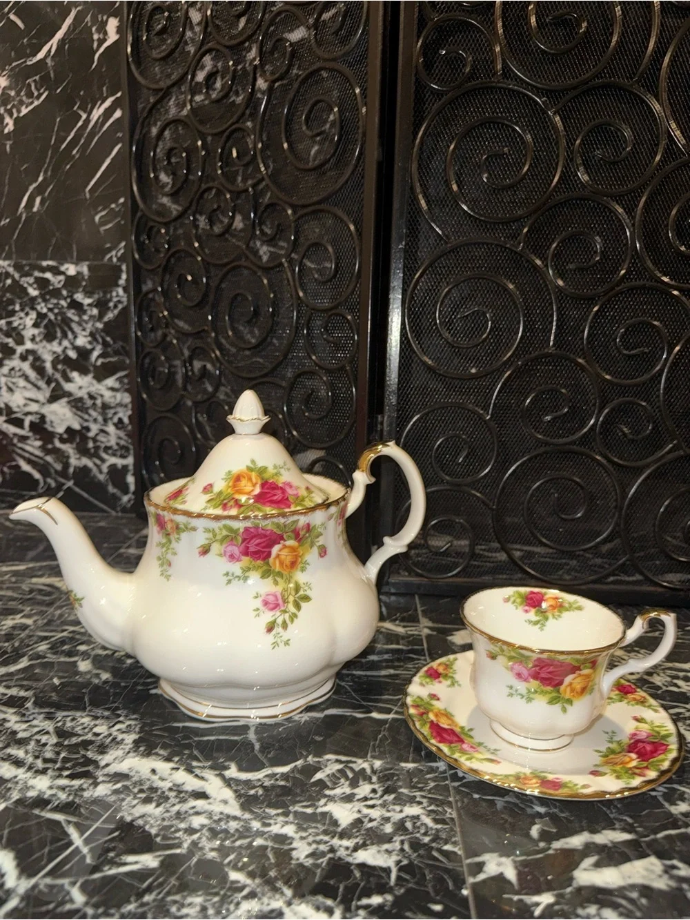 Royal Albert White Teapot with Pink and Yellow Rose Pattern